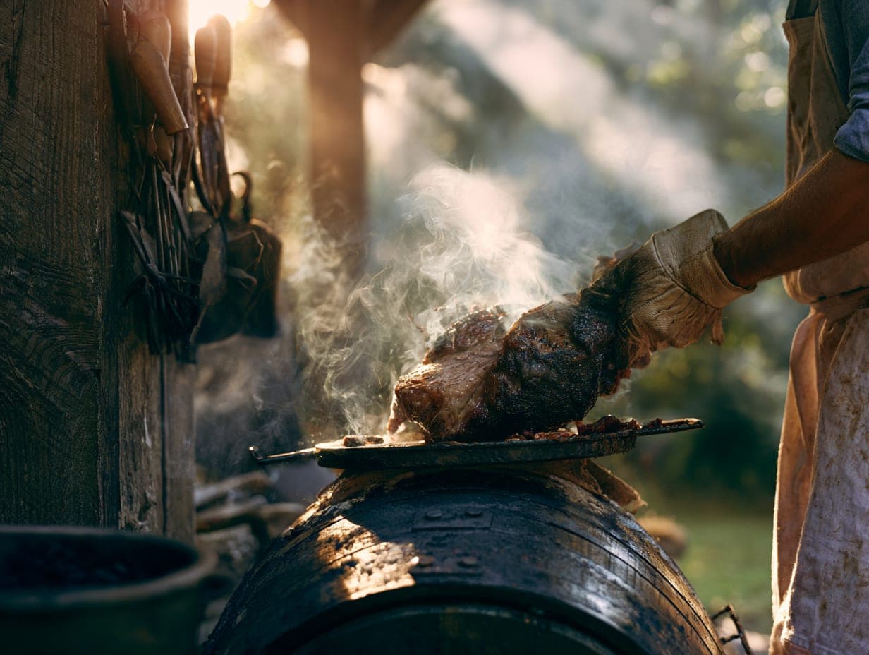 Gloved hands lifting brisket from the barrel smoker, blue smoke curling through the pavilion