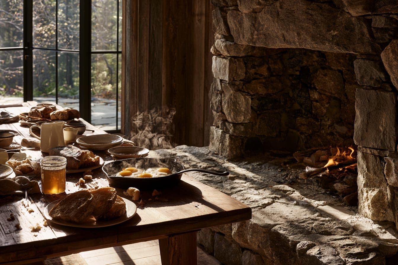 Farm breakfast by the stone fireplace — skillet eggs, sourdough, honey, morning light through the sliders
