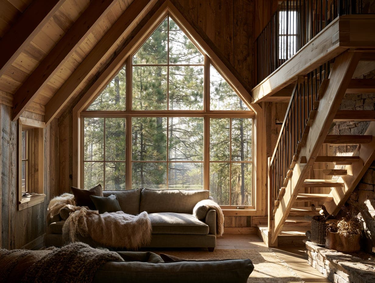 The cabin’s vaulted wood interior and loft stair, pines framed in the glazed gable wall