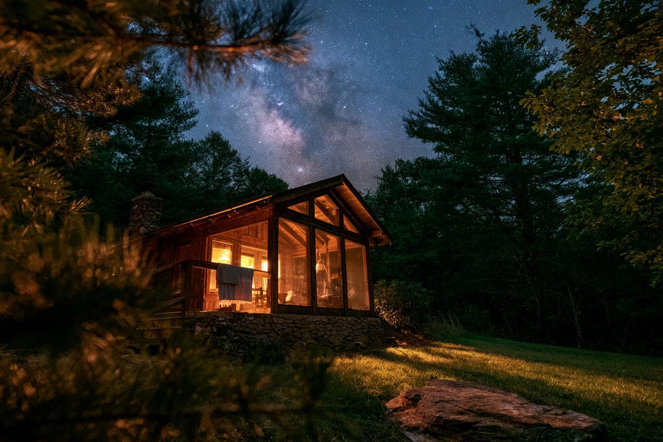 A glass-walled timber cabin glowing with lamplight beneath the Milky Way, seen past dark pine branches