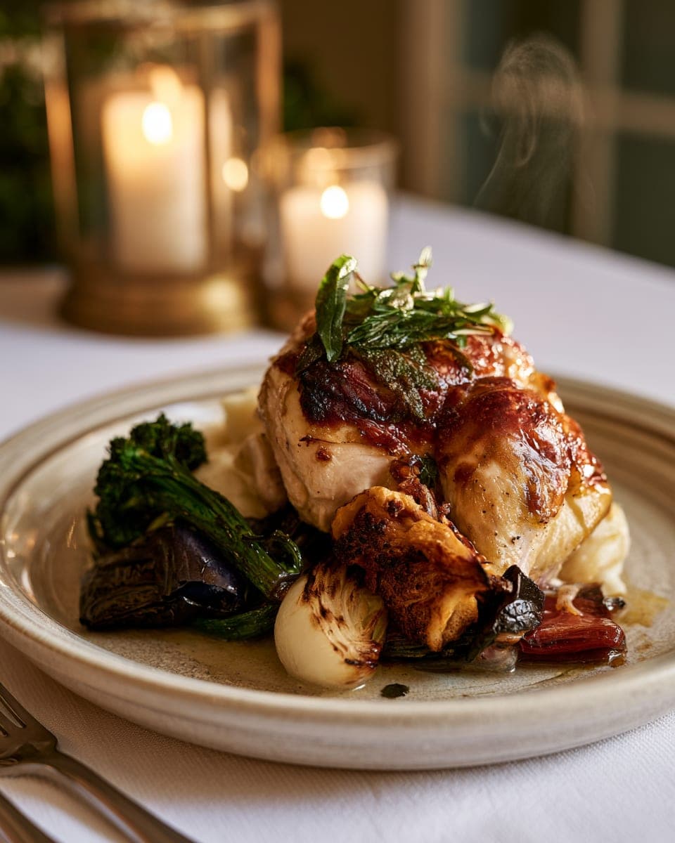 An elegantly plated supper — roast chicken and charred garden vegetables on fine stoneware at candlelight