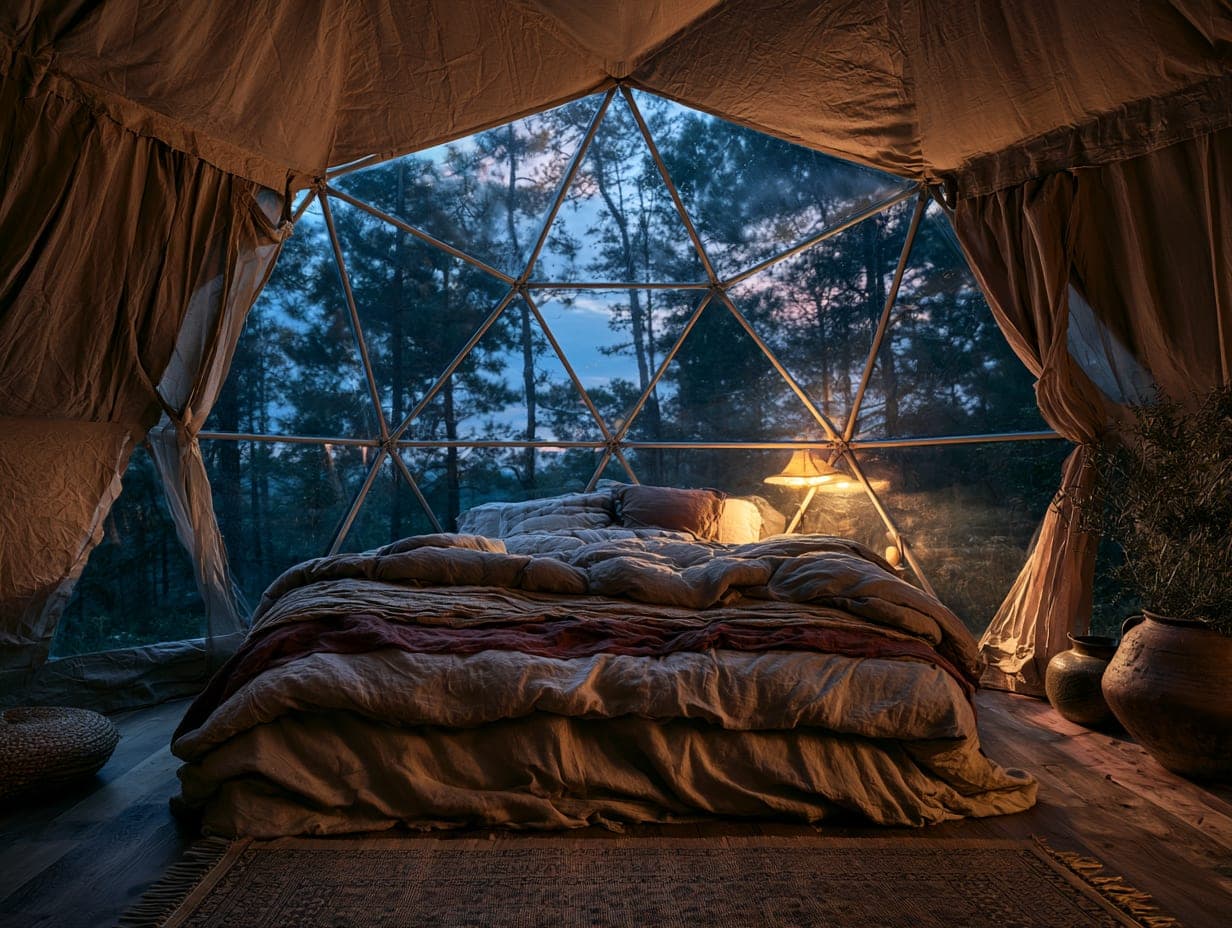 A made bed inside a geodesic dome, facing a clear panel of sky and pines