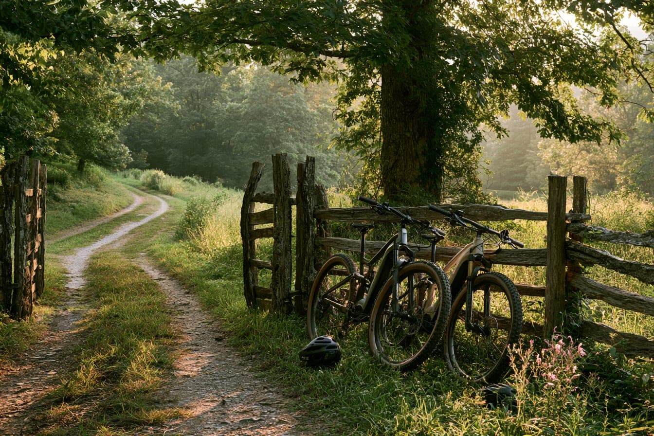 Two e-bikes leaning on a split-rail fence where the dirt trail curves into the trees