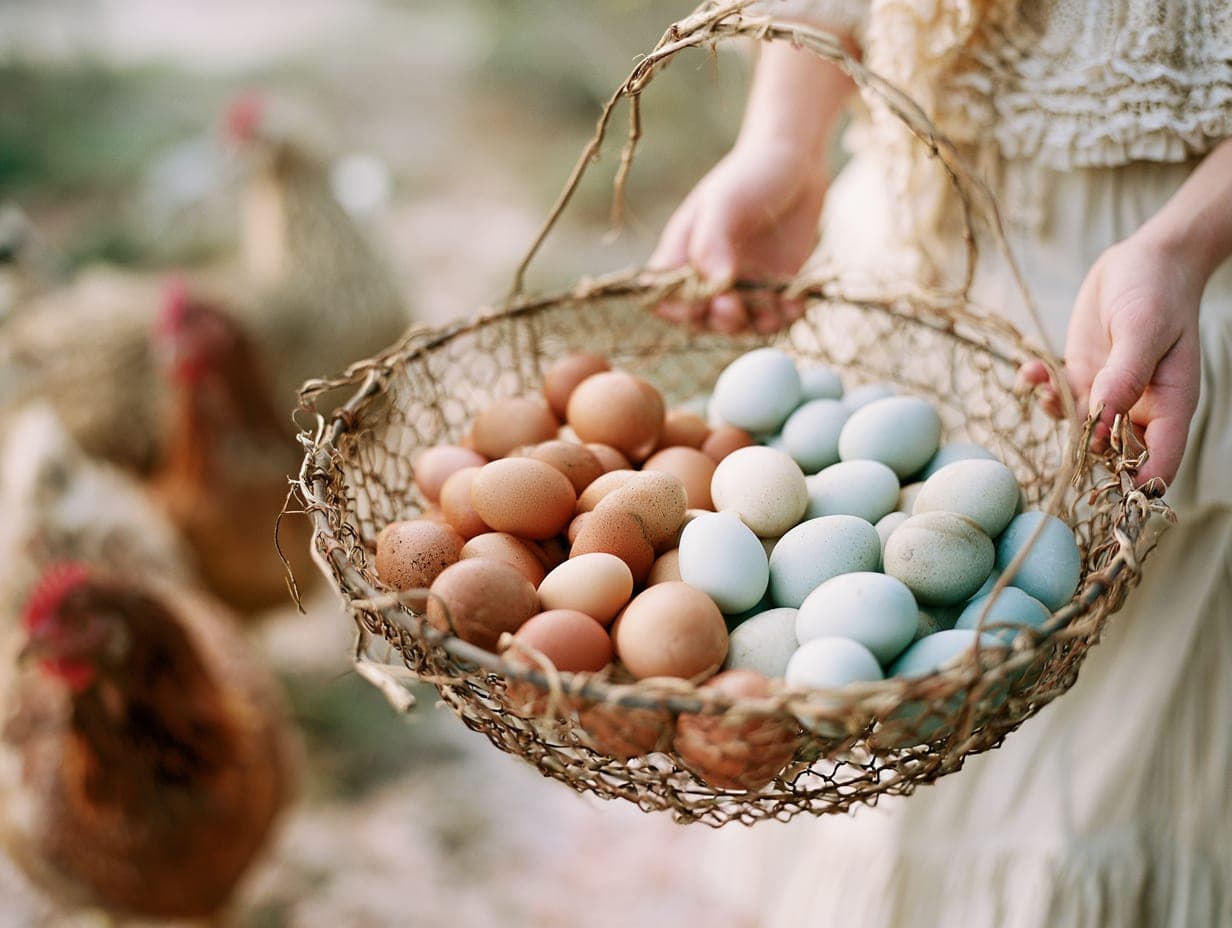 A wire basket of fresh brown and blue eggs held in two hands, hens blurred behind