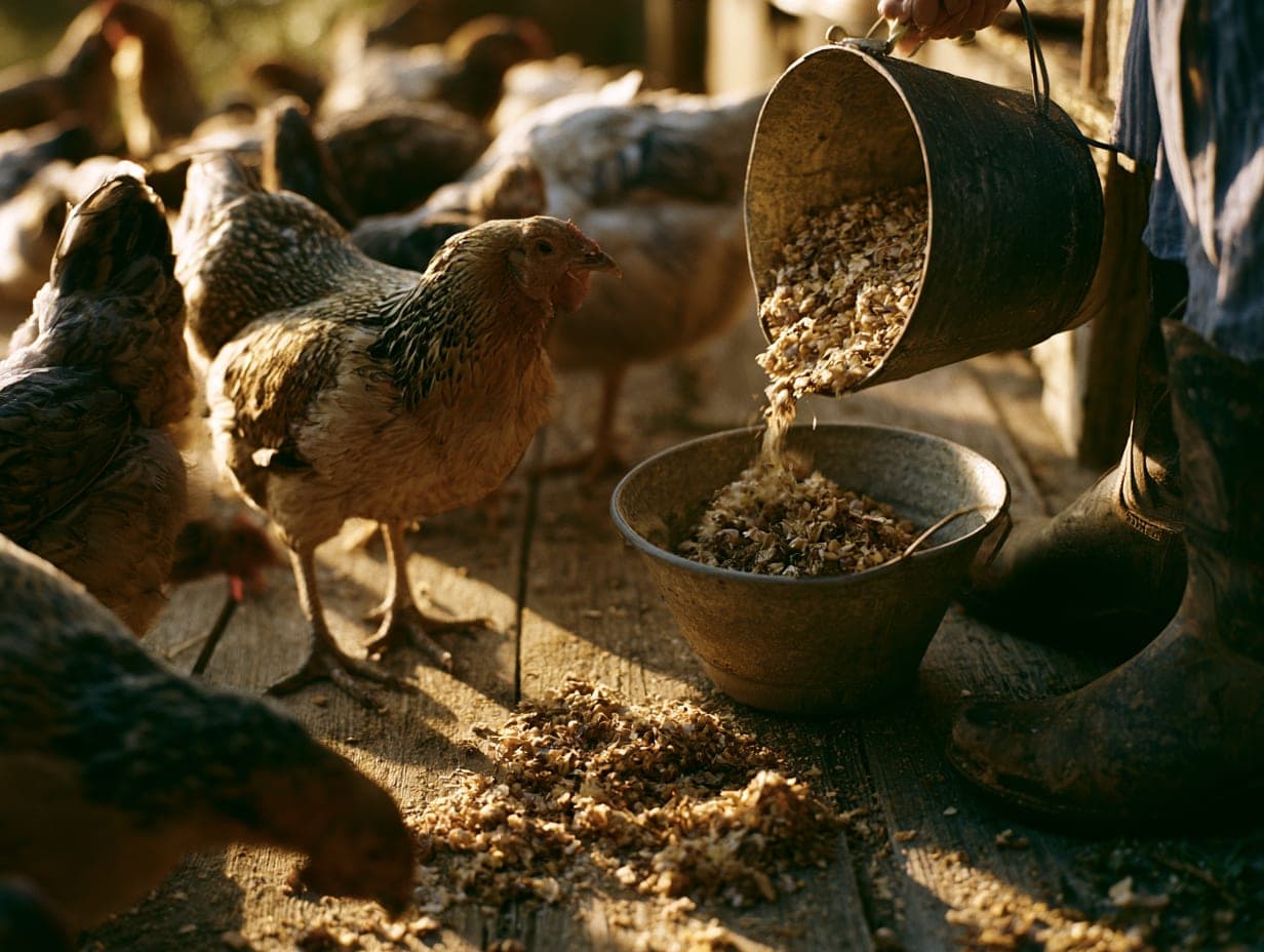 Feed poured from a galvanized pail, chickens gathering at boot level