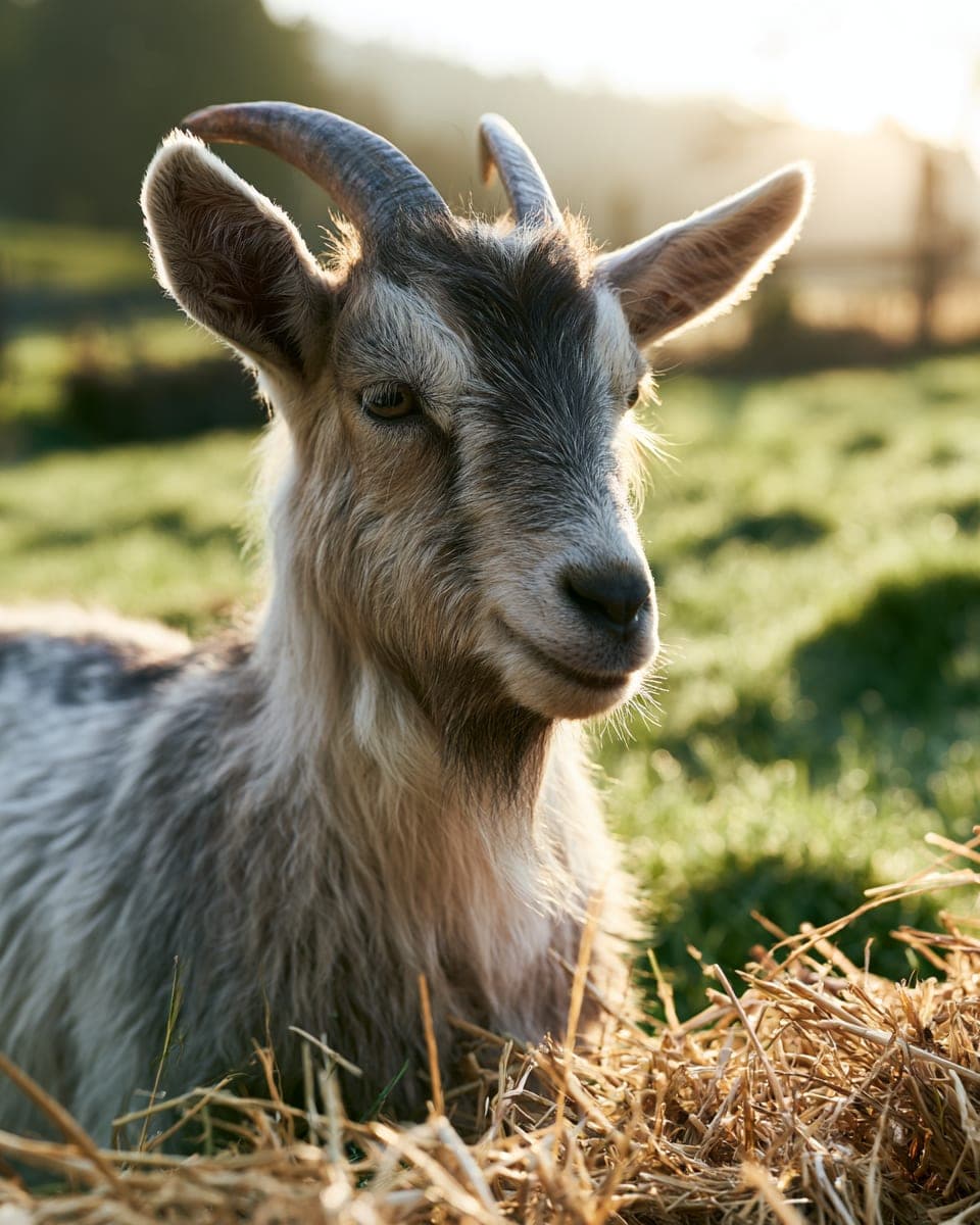 A miniature goat, head and shoulders, backlit by low morning sun