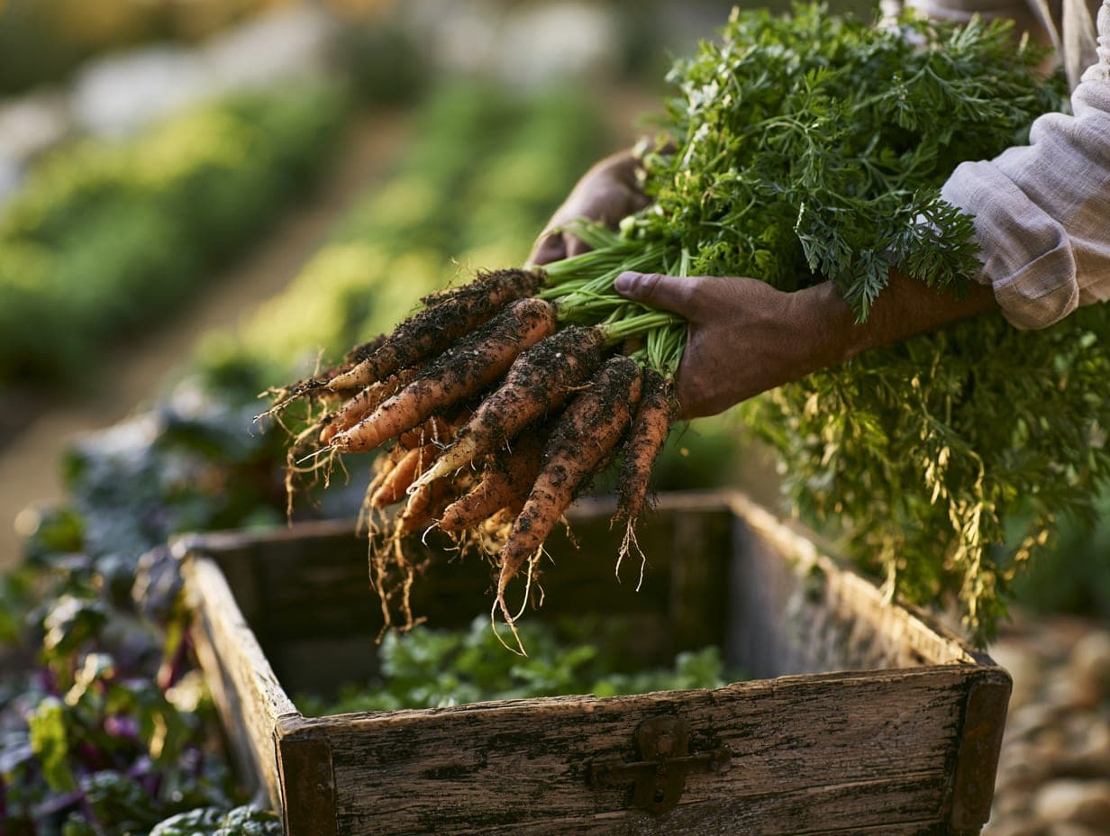 Hands lifting just-pulled carrots and greens over a garden trug, soil still on the roots