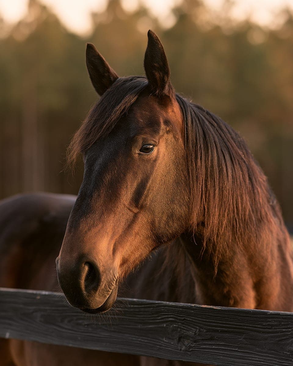 A bay horse’s head over a black fence, mane catching golden light