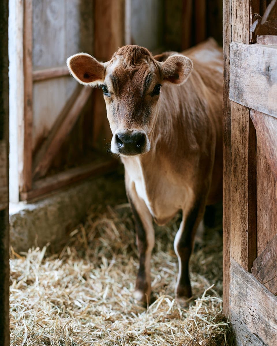 A jersey cow with soft eyes in a straw-floored barn doorway, morning light raking in