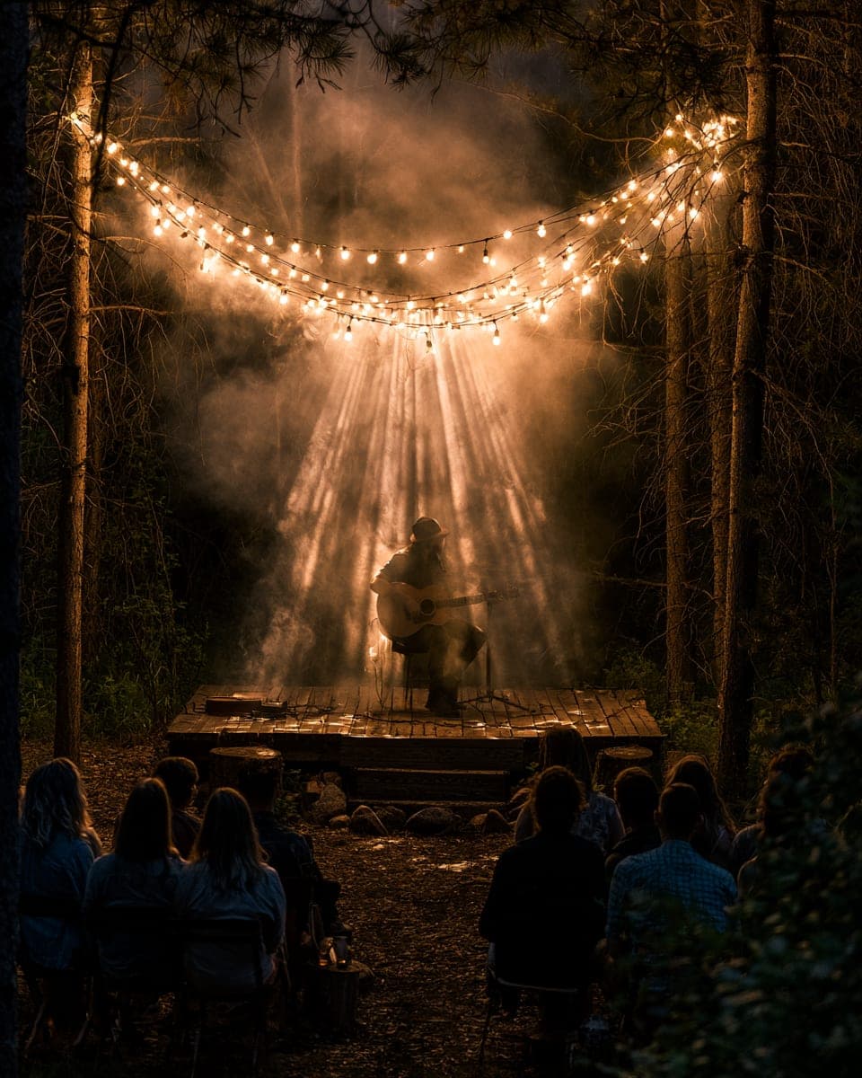 An acoustic guitarist in silhouette under string lights, woodsmoke drifting through the beams