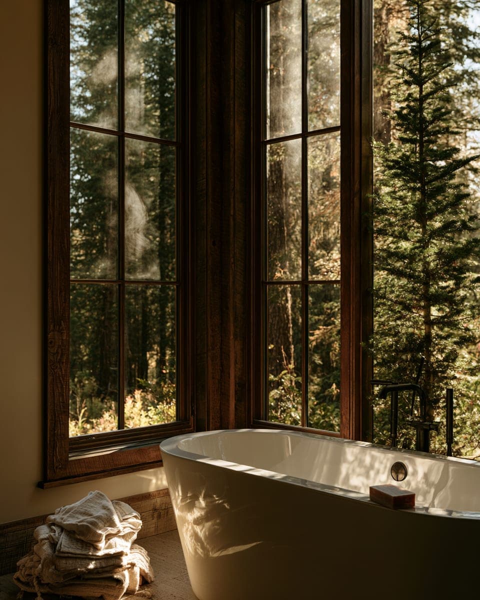 A freestanding tub with matte-black fixtures beside a tall forest-view window framed in dark-stained timber