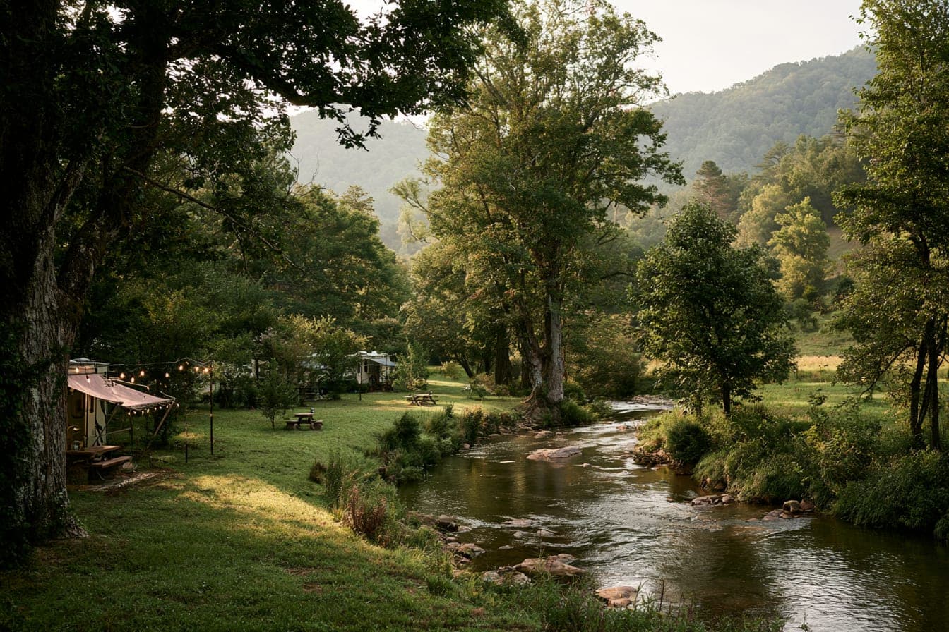 RV sites spaced far apart in a creek meadow under big trees, one awning strung with lights
