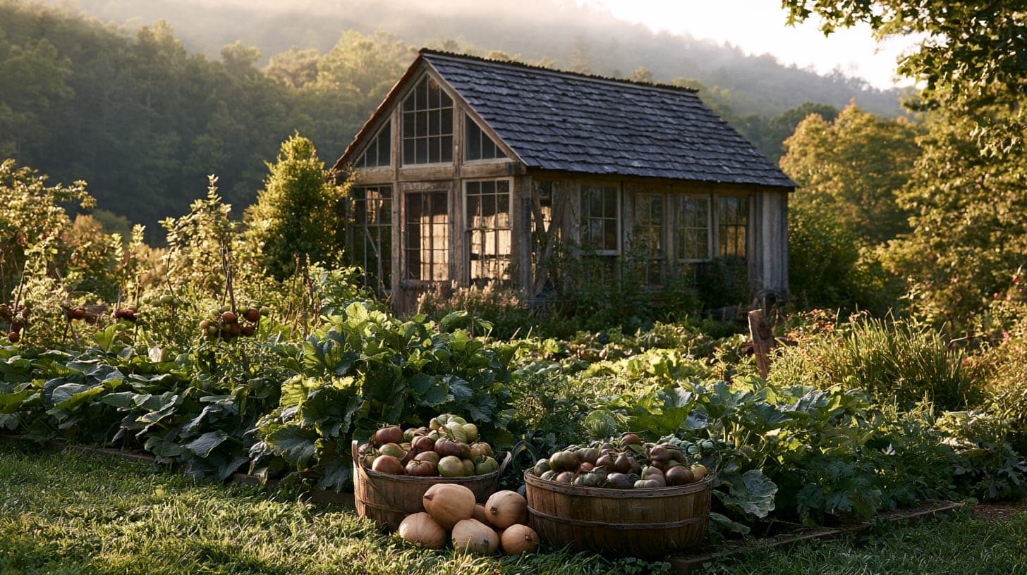 Garden rows heavy with late-summer harvest, bushel baskets full, the greenhouse behind