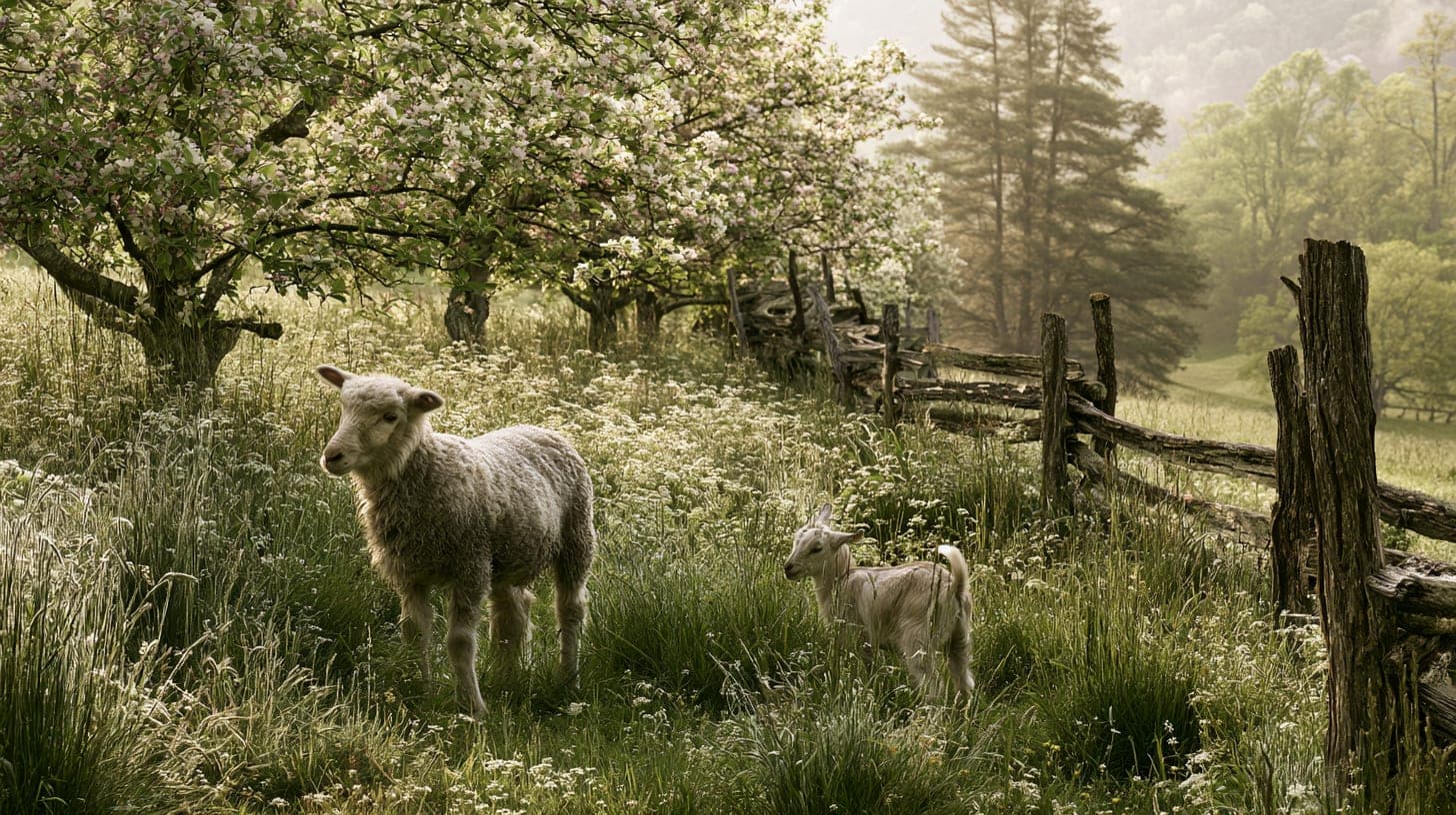 Spring pasture thick with wildflowers, a lamb and goat kid in the grass, fruit trees in bloom