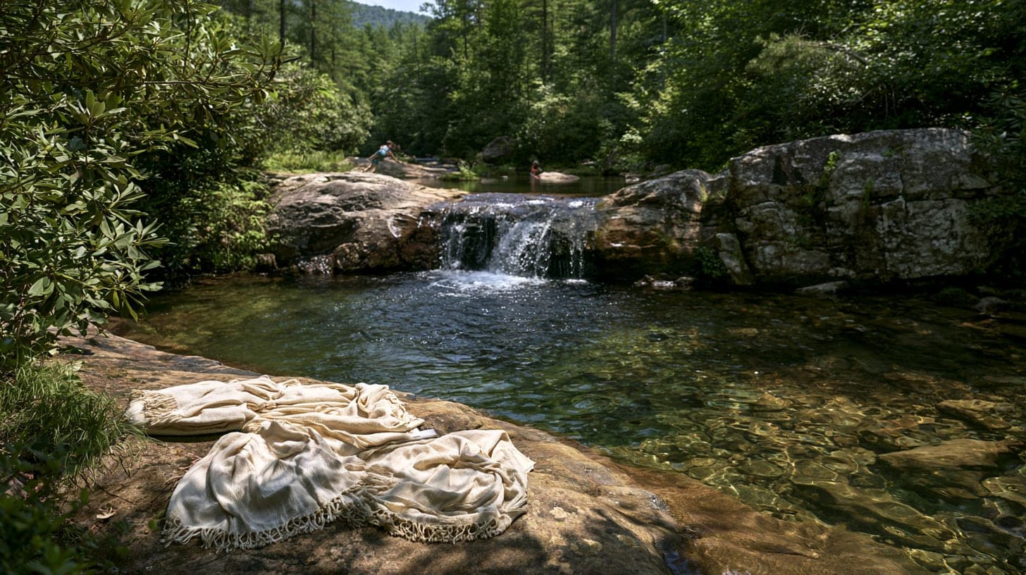 A clear creek swimming hole below a small waterfall in high summer, towels on the warm rocks