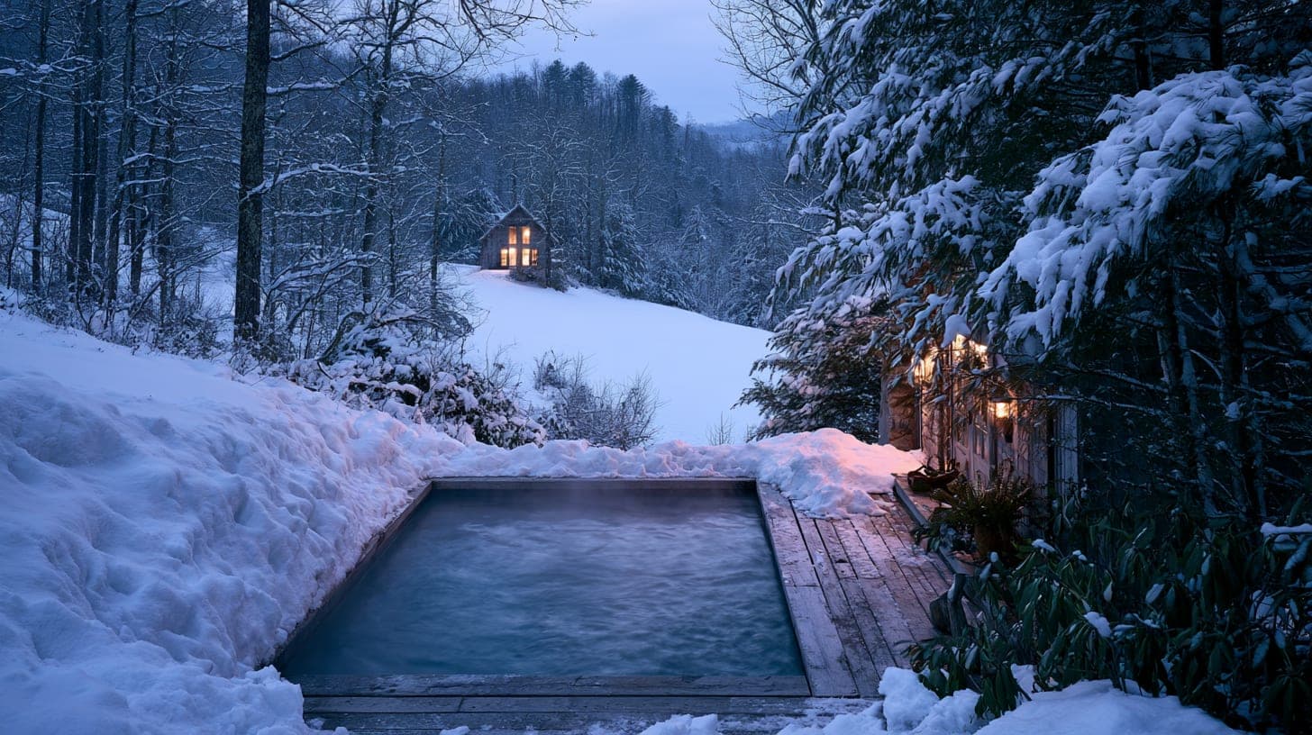 The saltwater pool steaming against snow-covered decking, one lit window across the white pasture