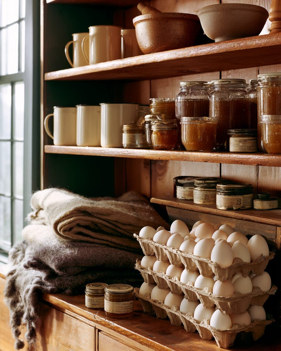 The general-store shelf — fresh eggs, honey, preserves, salve tins, enamel mugs, a camp blanket