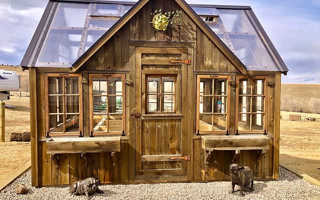 A timber greenhouse with paned windows and window boxes